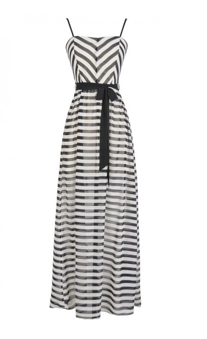 On The Deck Stripe Maxi Dress With Contrast Sash in Black/Ivory